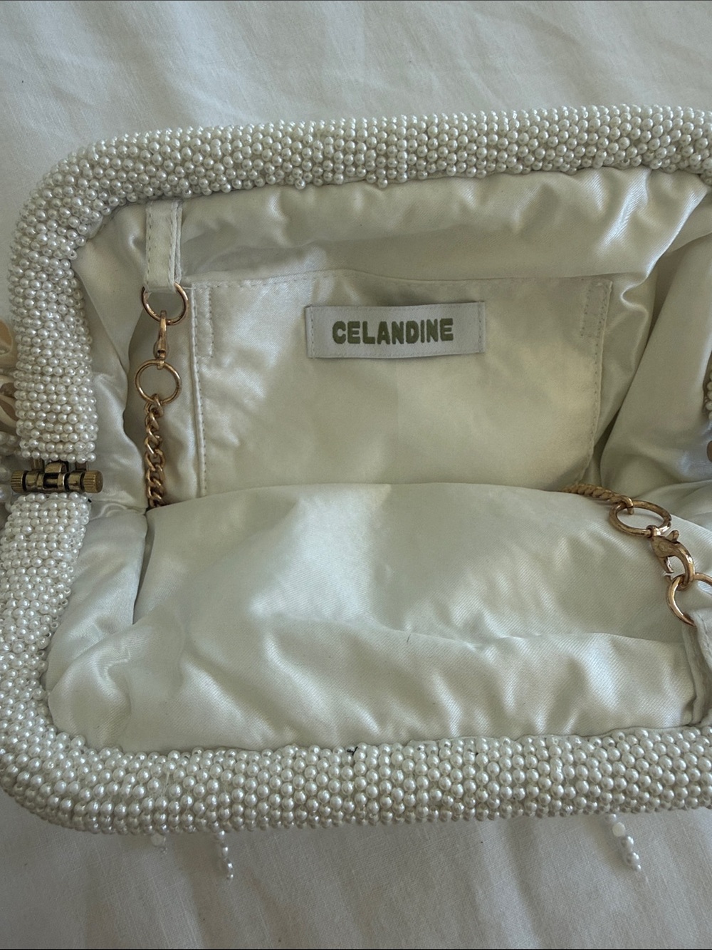 Celandine Beaded Shell Fringe Chain Shoulder Clutch Cream - Picture 9 of 10